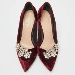 Pre Owned Dior Burgundy Velvet Crystal Embellished Pointed Toe Pumps Size 39.5