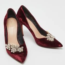 Pre Owned Dior Burgundy Velvet Crystal Embellished Pointed Toe Pumps Size 39.5