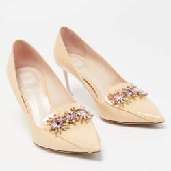 Pre Owned Dior Beige Patent Leather Dianeme Crystal Embellished Pumps Size 38.5