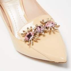 Pre Owned Dior Beige Patent Leather Dianeme Crystal Embellished Pumps Size 38.5