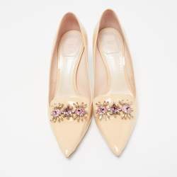 Pre Owned Dior Beige Patent Leather Dianeme Crystal Embellished Pumps Size 38.5
