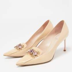 Pre Owned Dior Beige Patent Leather Dianeme Crystal Embellished Pumps Size 38.5