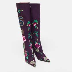 Pre Owned Dior Purple Canvas  Embroidered Floral Knee Length Boots Size 36.5
