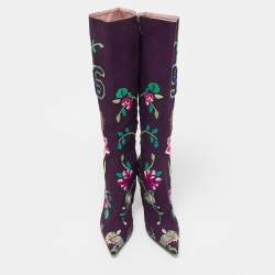 Pre Owned Dior Purple Canvas  Embroidered Floral Knee Length Boots Size 36.5