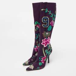 Pre Owned Dior Purple Canvas  Embroidered Floral Knee Length Boots Size 36.5