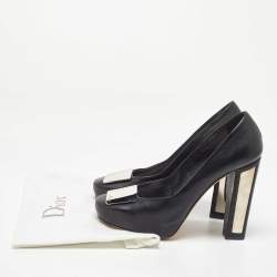 Pre Owned Dior Black Leather Metal Plate Block Heel Pumps Size 39.5