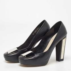 Pre Owned Dior Black Leather Metal Plate Block Heel Pumps Size 39.5