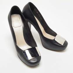 Pre Owned Dior Black Leather Metal Plate Block Heel Pumps Size 39.5