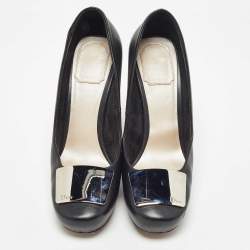 Pre Owned Dior Black Leather Metal Plate Block Heel Pumps Size 39.5