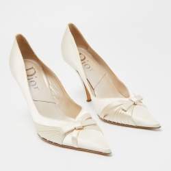Pre Owned Dior Off White Satin Bow Pointed Toe Pumps Size 39.5