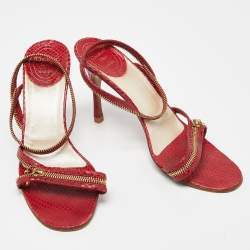 Dior Red Python Embossed Leather Chain Ankle Strap Sandals Size 39.5