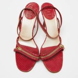 Dior Red Python Embossed Leather Chain Ankle Strap Sandals Size 39.5