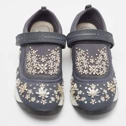 Pre Owned Dior Grey Mesh and Fabric Crystal Embellished Fusion Sneakers Size 36