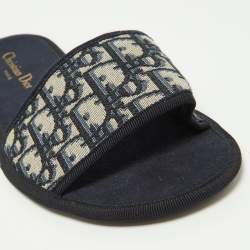 Dior Blue/Beige Fabric Oblique Chez Moi Flat Slide Sandals 41