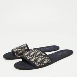 Dior Blue/Beige Fabric Oblique Chez Moi Flat Slide Sandals 41