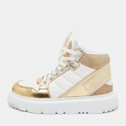 Pre Owned Dior White/Gold Leather and Fabric D-Player High Top Sneakers Size 35.5