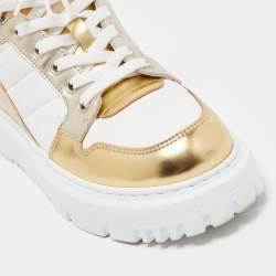 Pre Owned Dior White/Gold Leather and Fabric D-Player High Top Sneakers Size 35.5