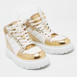 Pre Owned Dior White/Gold Leather and Fabric D-Player High Top Sneakers Size 35.5
