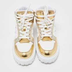 Pre Owned Dior White/Gold Leather and Fabric D-Player High Top Sneakers Size 35.5