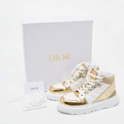 Pre Owned Dior White/Gold Leather and Fabric D-Player High Top Sneakers Size 35.5