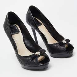 Dior Black Quilted Leather Bow Peep Toe Platform Pumps Size 39