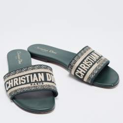 Dior Two Tone Embroidered Canvas Dway Flat Slides Size 38