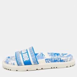 Pre Owned Dior Blue/White Embroidered Canvas Toile De Jouy Dway Slides Size 39
