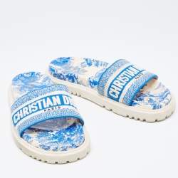 Pre Owned Dior Blue/White Embroidered Canvas Toile De Jouy Dway Slides Size 39