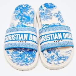 Pre Owned Dior Blue/White Embroidered Canvas Toile De Jouy Dway Slides Size 39