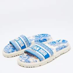 Pre Owned Dior Blue/White Embroidered Canvas Toile De Jouy Dway Slides Size 39