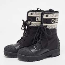 Pre Owned Dior Black Leather and Canvas D-major Ankle Boots Size 35