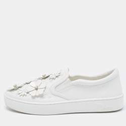 Pre Owned Dior White Leather Floral Crystal Embellished Slip On Sneakers Size 37