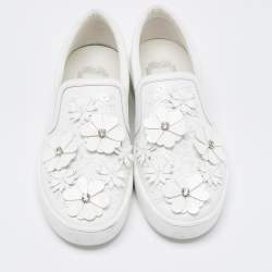 Pre Owned Dior White Leather Floral Crystal Embellished Slip On Sneakers Size 37