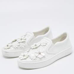 Pre Owned Dior White Leather Floral Crystal Embellished Slip On Sneakers Size 37