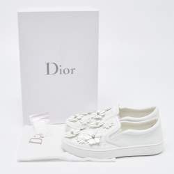 Pre Owned Dior White Leather Floral Crystal Embellished Slip On Sneakers Size 37