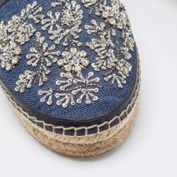 Dior Blue Leather and Denim Crystal Embellished Flat Espadrilles Size 39.5