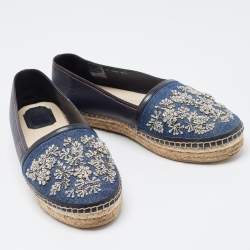 Dior Blue Leather and Denim Crystal Embellished Flat Espadrilles Size 39.5
