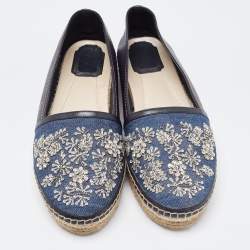 Dior Blue Leather and Denim Crystal Embellished Flat Espadrilles Size 39.5