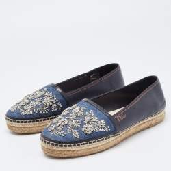 Dior Blue Leather and Denim Crystal Embellished Flat Espadrilles Size 39.5