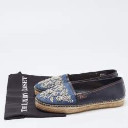 Dior Blue Leather and Denim Crystal Embellished Flat Espadrilles Size 39.5