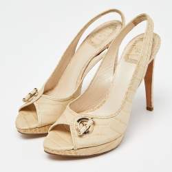 Pre Owned Dior Cream Croc Embossed Leather Open Toe Platform Slingback Pumps Size 38