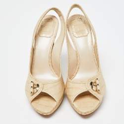 Pre Owned Dior Cream Croc Embossed Leather Open Toe Platform Slingback Pumps Size 38
