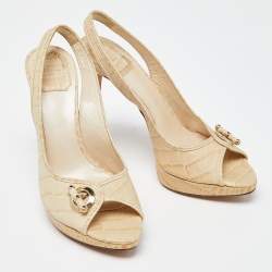Pre Owned Dior Cream Croc Embossed Leather Open Toe Platform Slingback Pumps Size 38