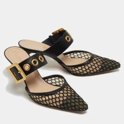 Dior Black Mesh and Leather Fishnet D-Dior Mules Size 36.5