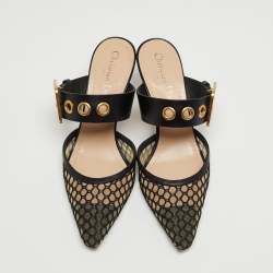 Dior Black Mesh and Leather Fishnet D-Dior Mules Size 36.5