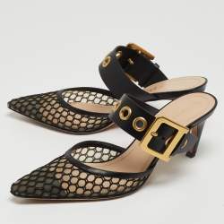 Dior Black Mesh and Leather Fishnet D-Dior Mules Size 36.5