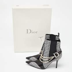 Dior Black/Grey Oblique Canvas and Leather Pearl Embellishment Ankle Boots Size 36.5