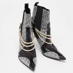 Dior Black/Grey Oblique Canvas and Leather Pearl Embellishment Ankle Boots Size 36.5