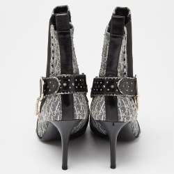Dior Black/Grey Oblique Canvas and Leather Pearl Embellishment Ankle Boots Size 36.5