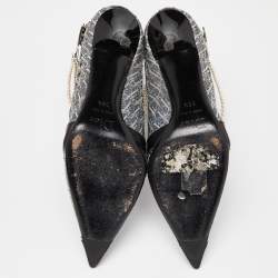 Dior Black/Grey Oblique Canvas and Leather Pearl Embellishment Ankle Boots Size 36.5